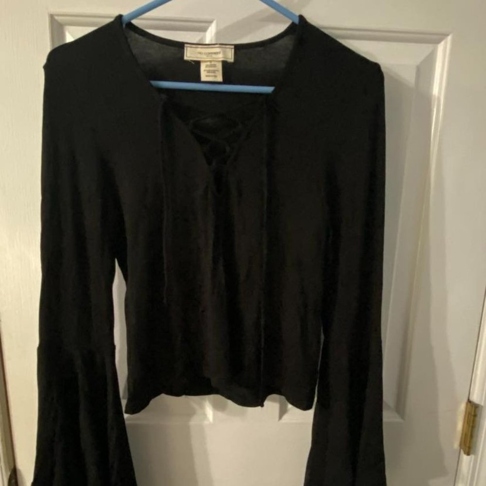 Black Lace Up Bell Sleeve Top